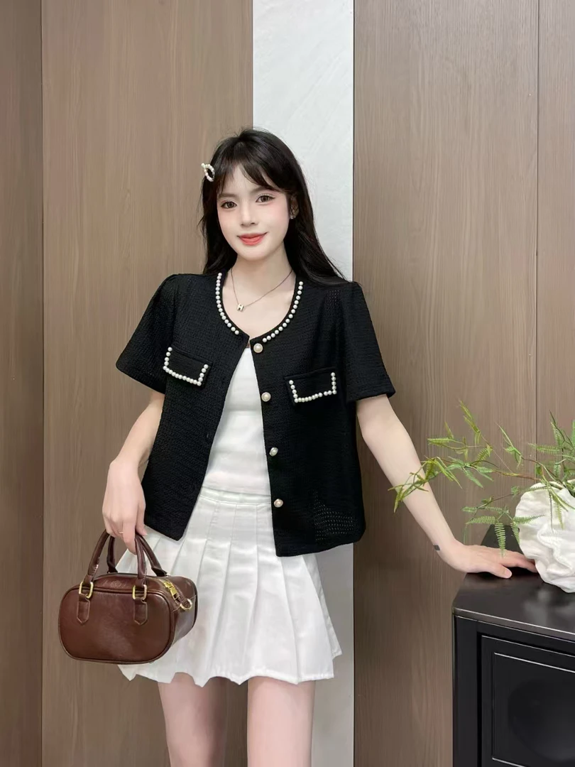 新疆包邮【3375】香风钉珠圆领小衫-衣长50