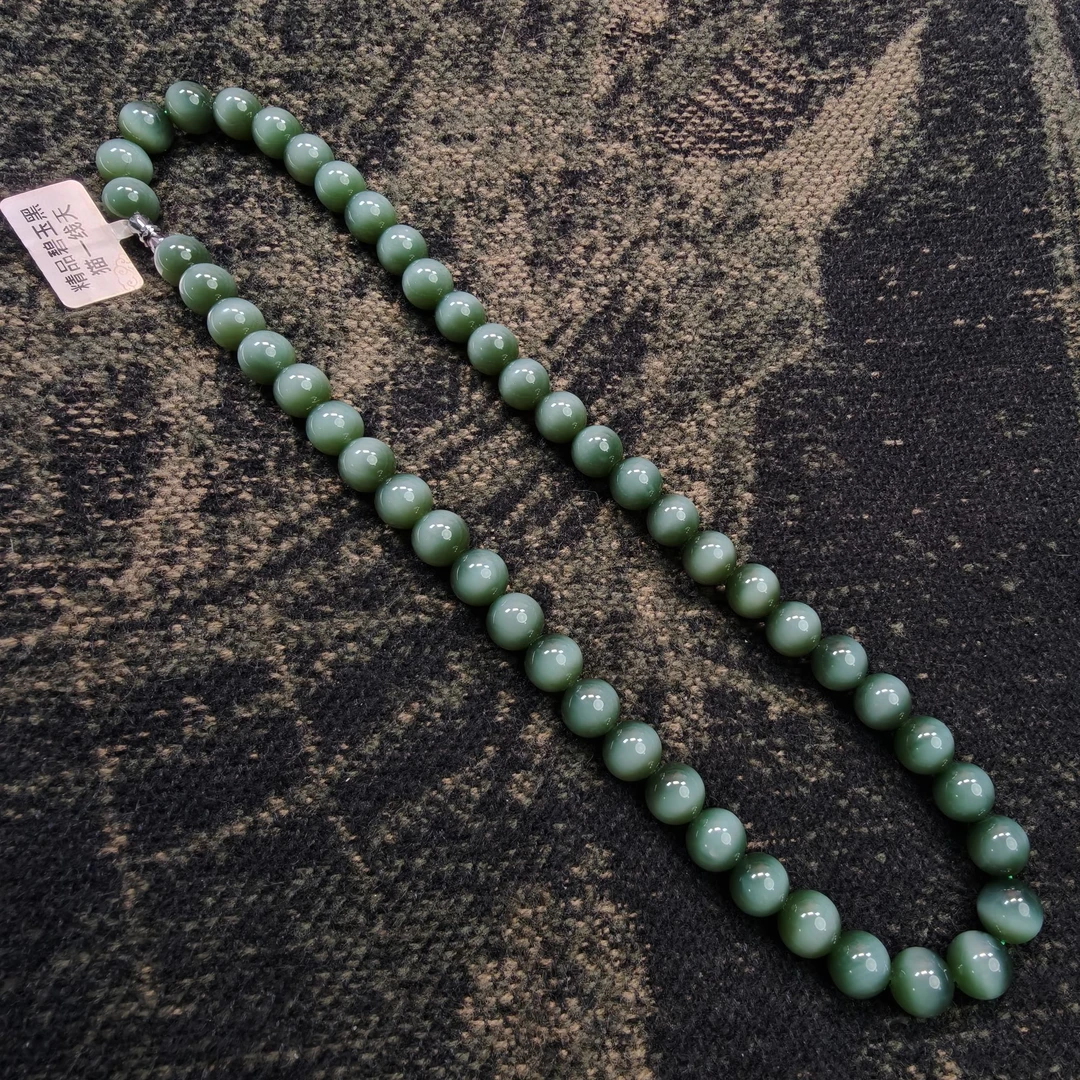 【金汐】和田玉碧玉粉青猫眼一线天项链卡10mm多样性发货