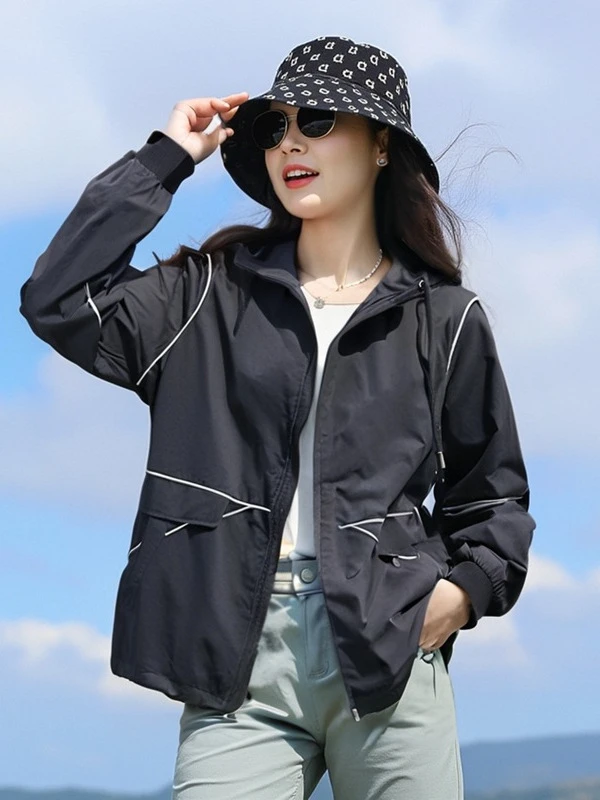 YH-62909大码女装胖mm韩版冲锋衣撞色中长款风衣外套2025秋季新款
