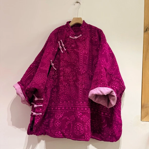 二囍古朴251212火龙果色老蚕丝阔版太太服