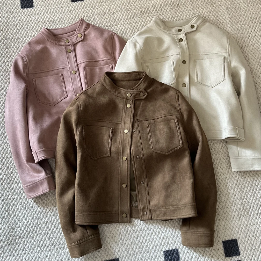 【米可家】双口袋小立领麂皮绒复古休闲外套85329