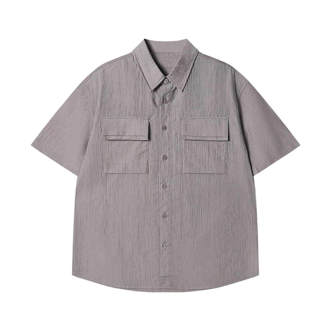 夏季高级感新款潮牌褶皱纯色双口袋衬衫休闲百搭宽松时尚衬衣