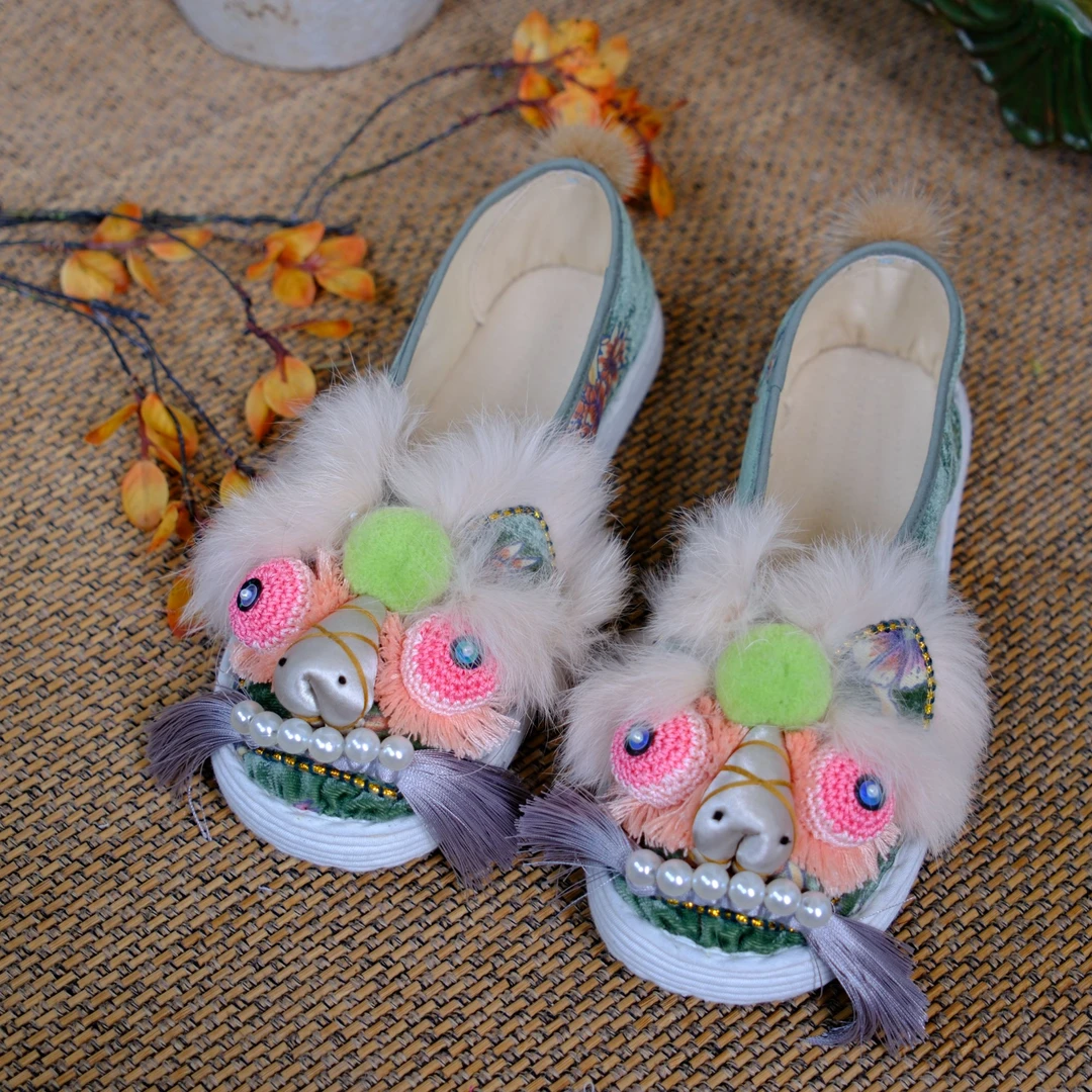 纯手工千层底非遗女单中国风布鞋古风老虎头民族风舒适绿色新款