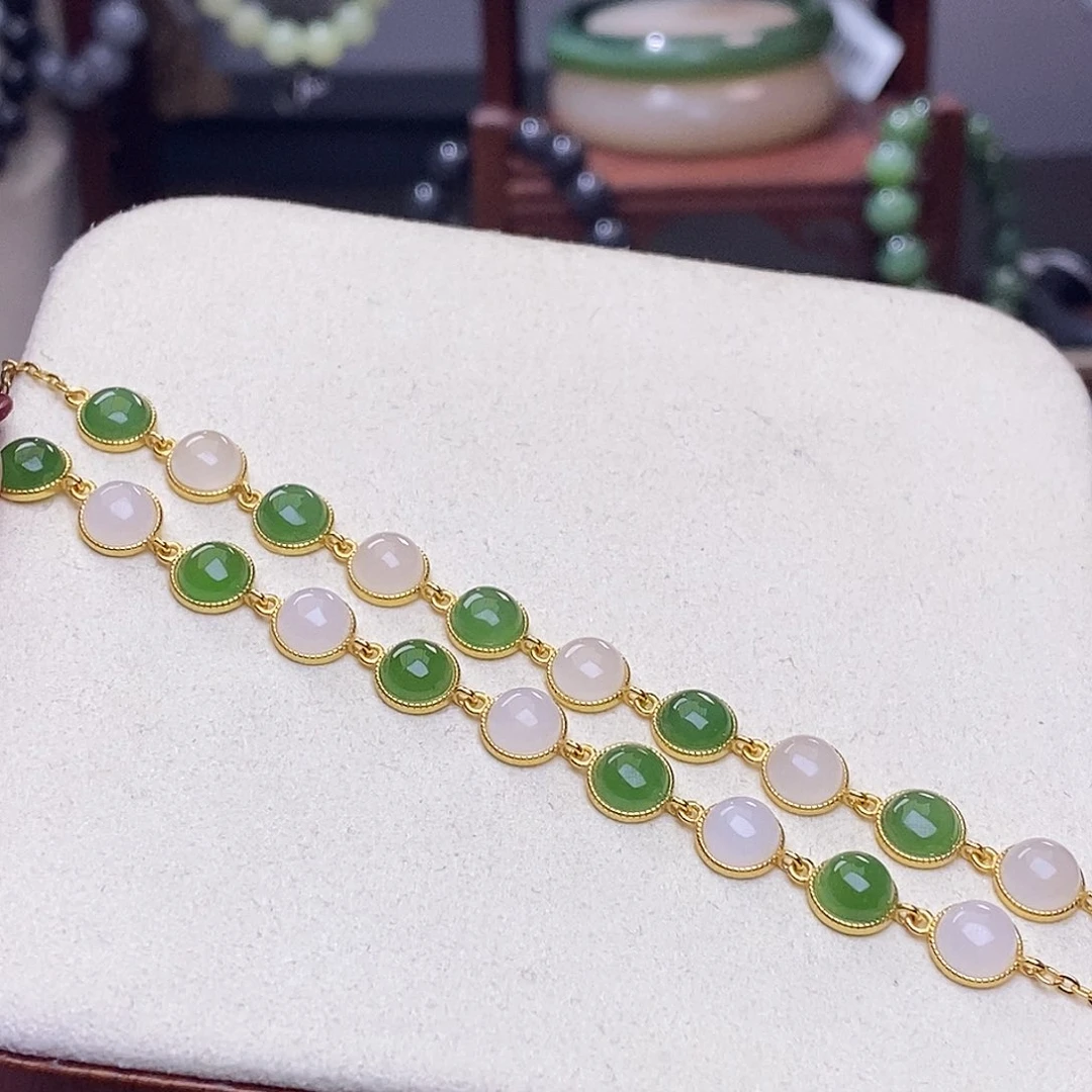 和田玉福利款碧玉白玉银手链 多样性发一未镶嵌