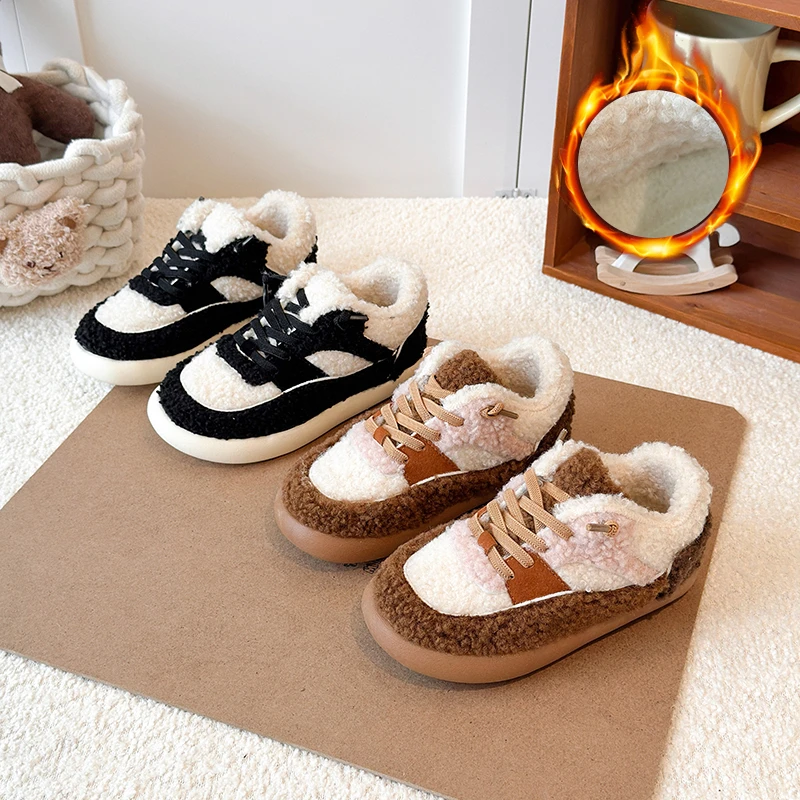 复古德训鞋2025冬季加绒新款儿童保暖毛毛鞋男女童板鞋学生鞋