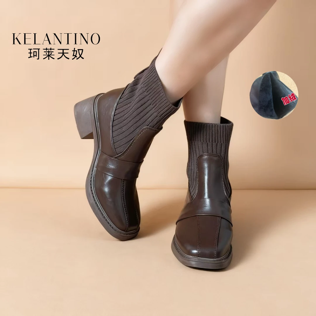 KELANTINO新款加绒方头秋冬粗跟英伦风套筒短靴弹力单靴瘦瘦靴