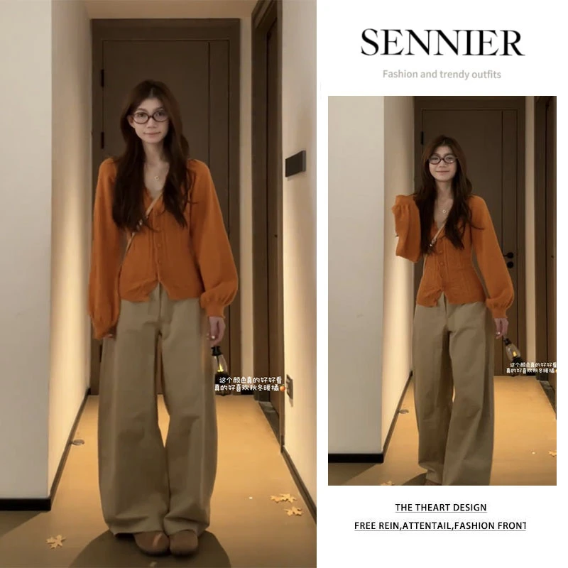 秋季穿搭一整套2025新款韩版百搭收腰长袖针织衫显瘦阔腿裤两件套