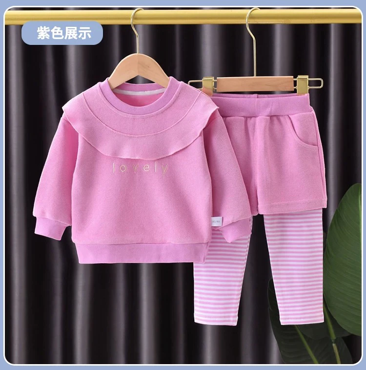 女童2025春季新款花边领卫衣假两件打底裤两件套