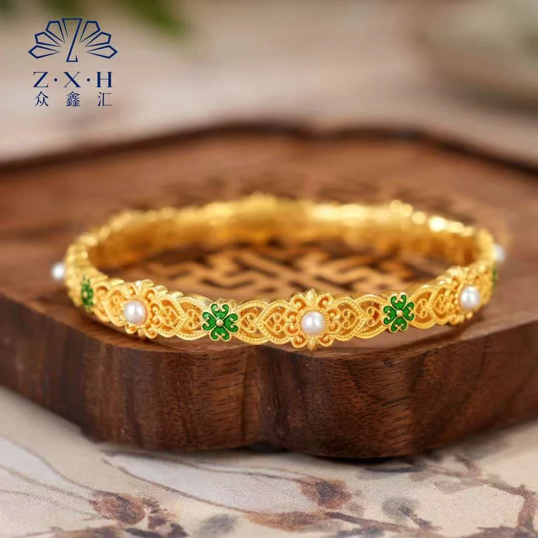 {众鑫汇}足金999 珐琅彩花丝镂空珠韵手镯