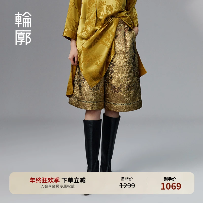 轮廓中国风阔腿中裤琥珀流光提花老钱休闲显瘦五分裤秋冬L233K011