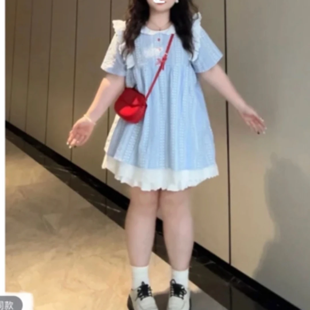 大码夏季短袖微胖蓝色格子娃娃领上衣短款裙裤两件套