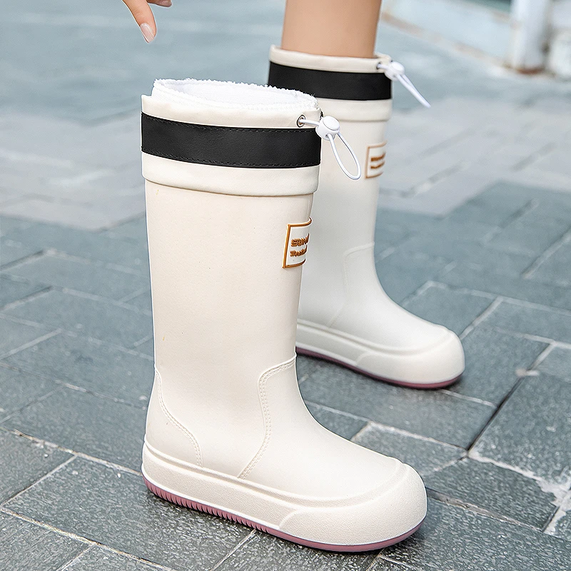 中帮厚款高筒收口雨鞋女保暖加绒一体雨靴轻便防滑女款加绒防水鞋