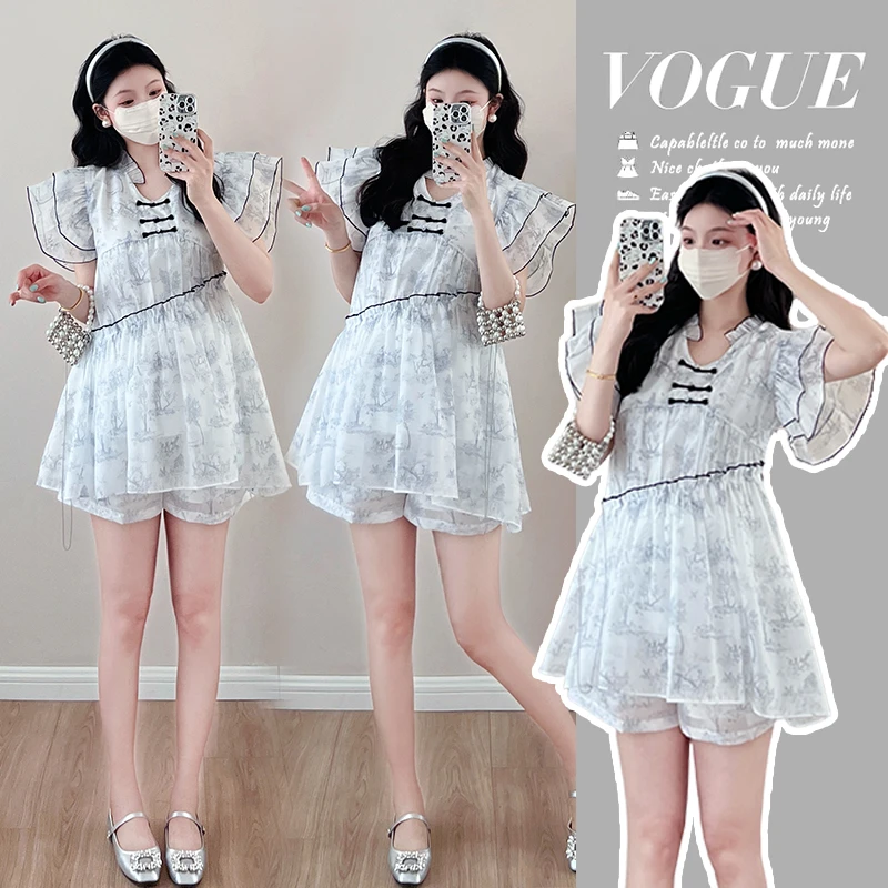 小个子孕妇套装印花夏季时尚宽松新中式飞飞袖上衣裙百搭托腹短裤