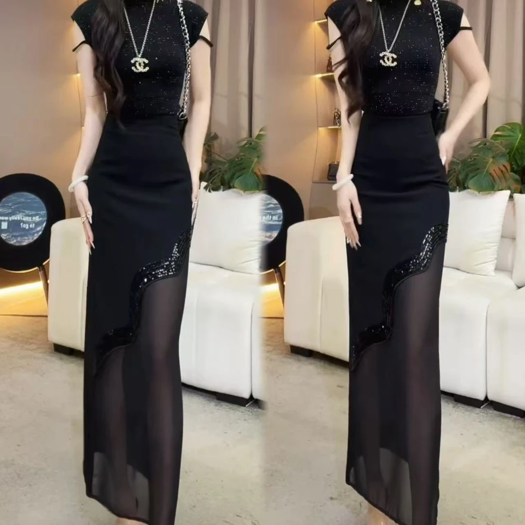 法式拼接网纱不规则重工烫钻高腰半身裙女2025夏季新款小香风裙子