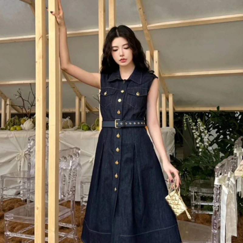 BAOFAHU2025夏季新款牛仔无袖连衣裙气质收腰显瘦中长裙- 5676