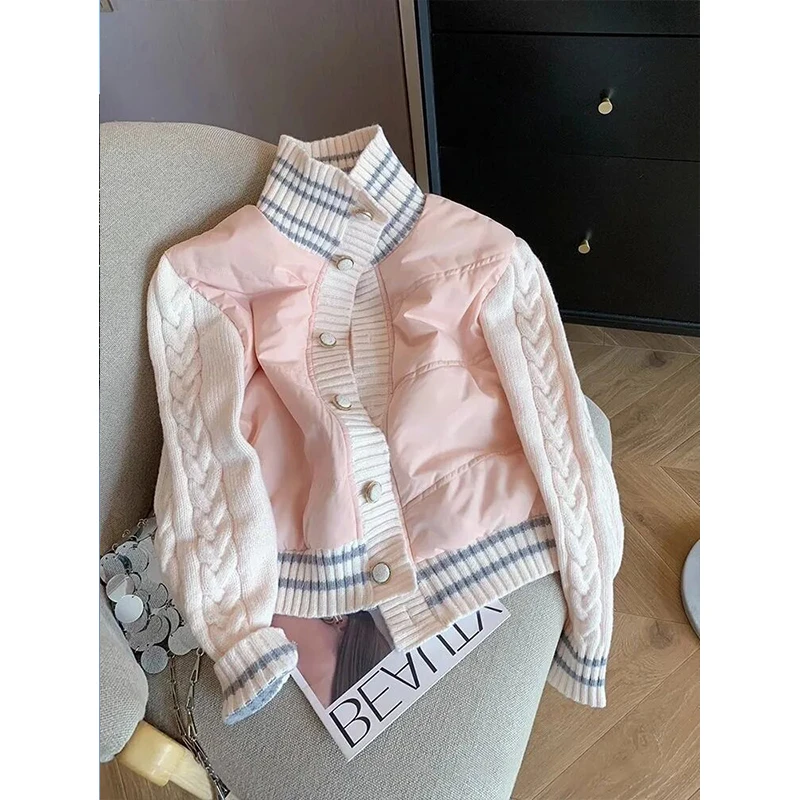 韩系甜美粉色立领拼接针织棉服女冬季小香风撞色短款保暖棉衣外套