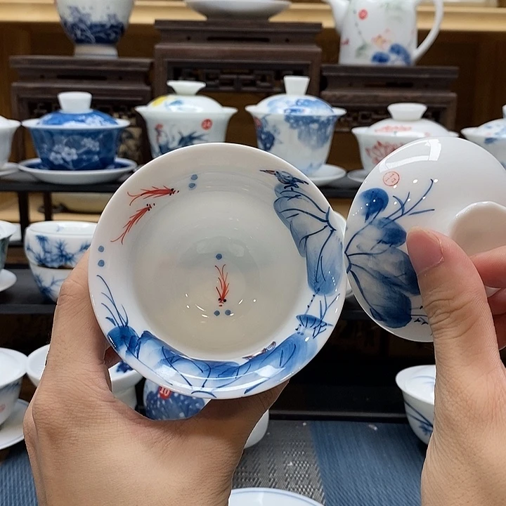 手绘内外绘荷花160c盖碗釉下彩高温瓷微瑕福利款