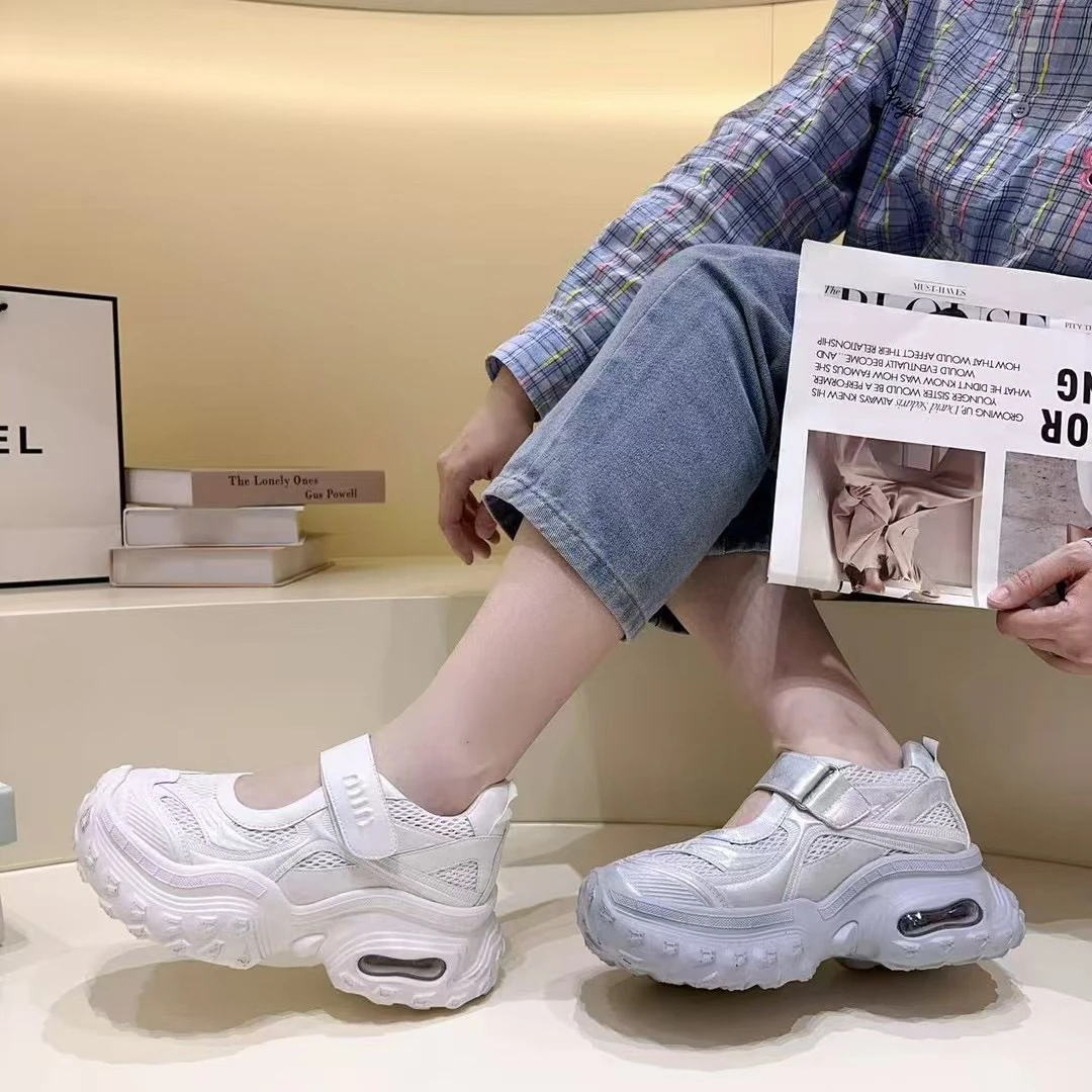 夏季新款真皮魔术贴浅口厚底舒适增高圆头牛皮百搭潮流