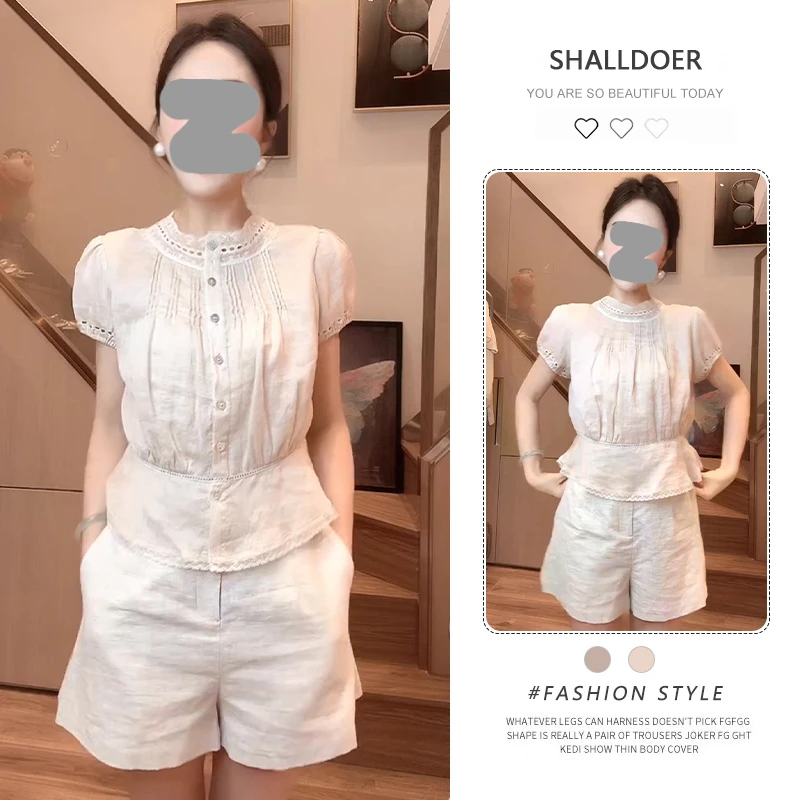 时尚减龄蕾丝短袖衬衫短裤女士2025夏季新款显瘦高级感百搭两件套