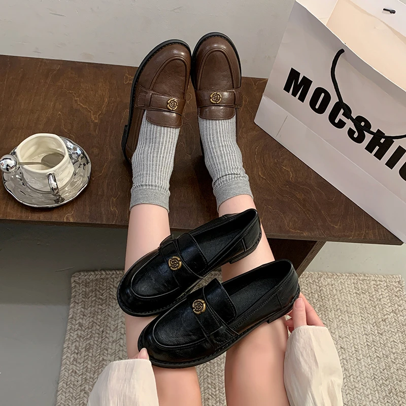 山茶花厚底圆头小皮鞋子女学院风软底通勤百搭懒人鞋一脚蹬乐福鞋