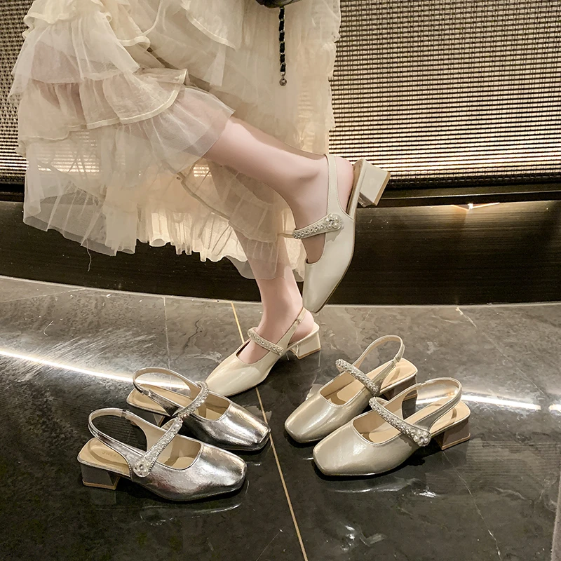 2025夏季新款银色水钻法式玛丽珍单鞋女款粗跟凉鞋一字带时尚潮流