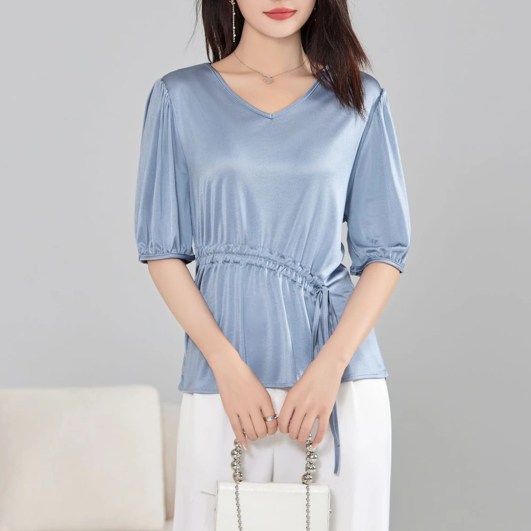 涵玖玥【三醋酸】新款v领法式系带灯笼袖上衣纤79-24-043