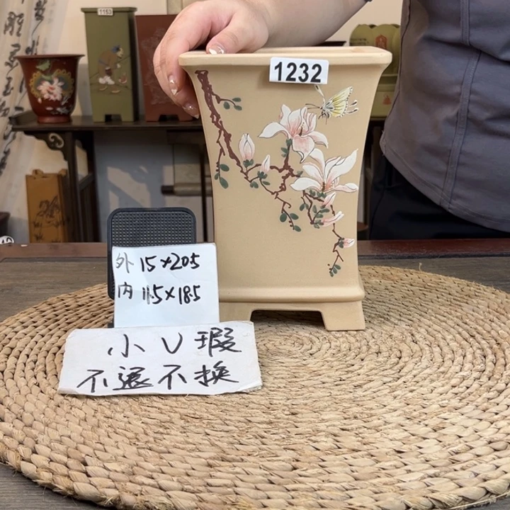 紫砂花盆  微微瑕白玉段手绘束腰四方1232