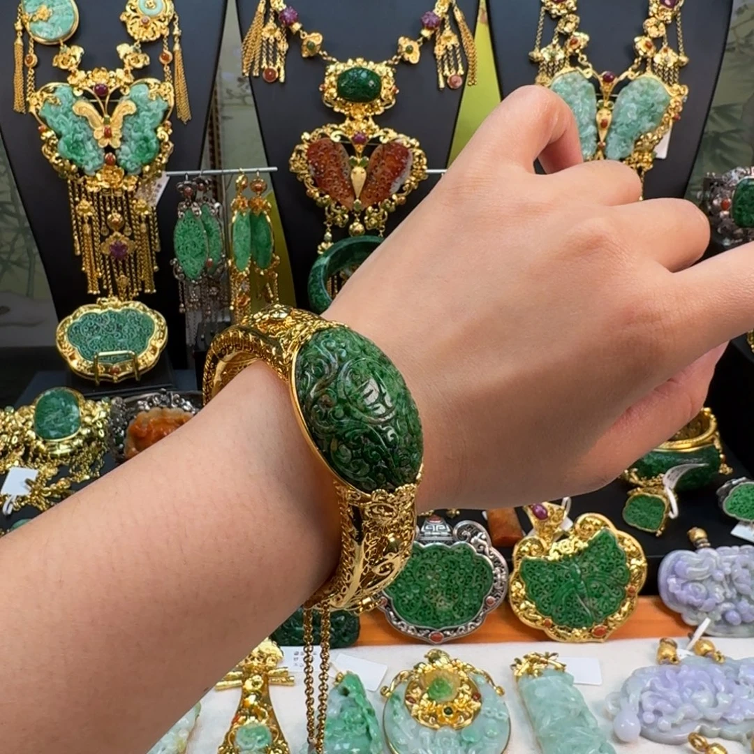 翡翠银S925镀金镶嵌颈饰老料手镯 亏清