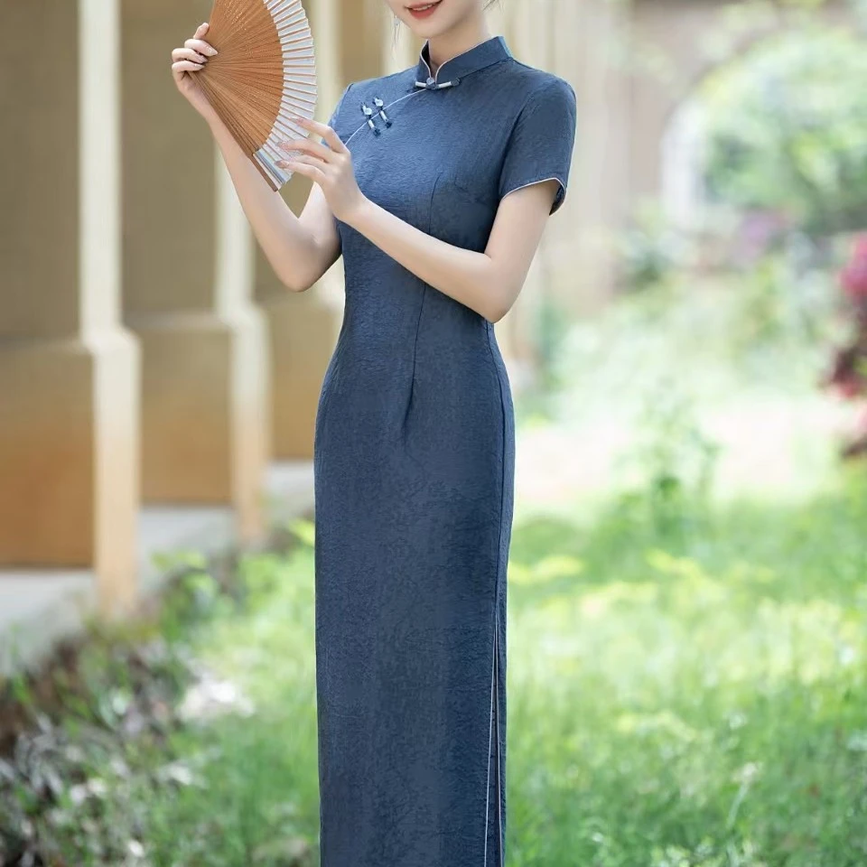 〔蓝颜G-06〕复古改良修身显瘦气质国风旗袍长款纯色短袖开叉裙夏季