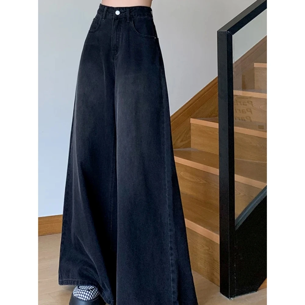 美式复古黑灰色高腰牛仔裤女春季宽松百搭显瘦垂感拖地阔腿长裤子