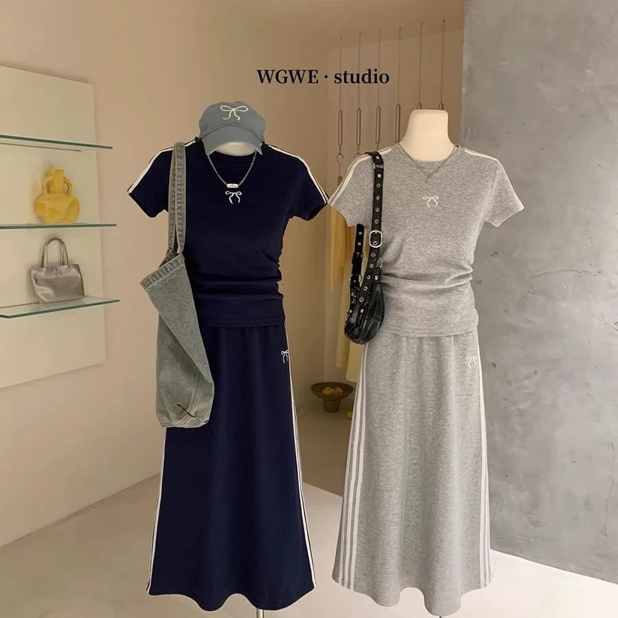 夏装新款休闲巨显瘦遮肚藏肉套装学院风上衣设计感A字裙两件套女