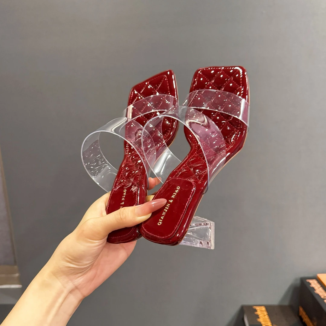 【6公分】百搭气质方头透明带漆皮仙女风2025夏季水晶粗跟拖鞋女