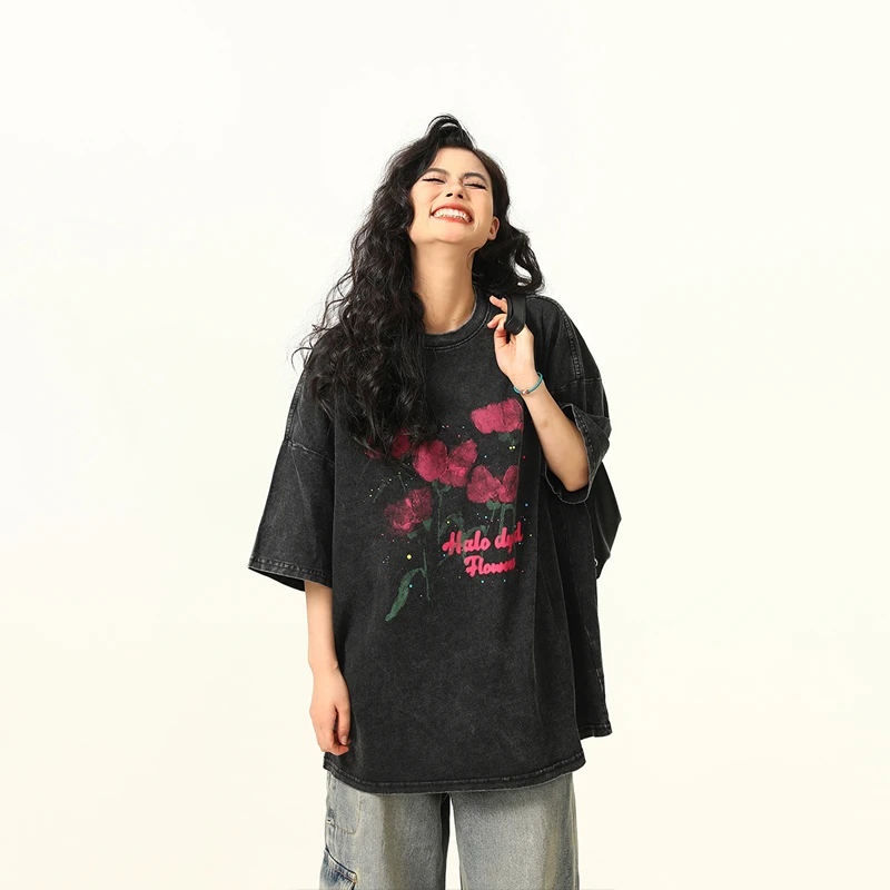 黑龙炮 25SS美式复古「趣味玫瑰」小众短袖T恤男女宽松情侣百搭上衣