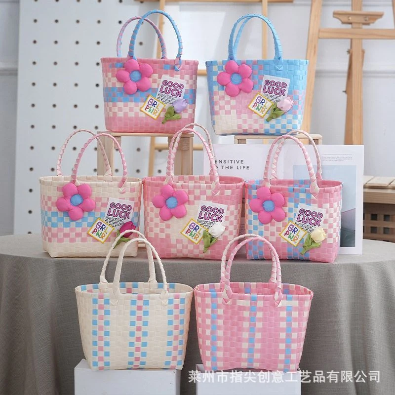 夏日多巴胺彩色编织菜篮子包清新甜美大容量拼色格子伴手礼手拎