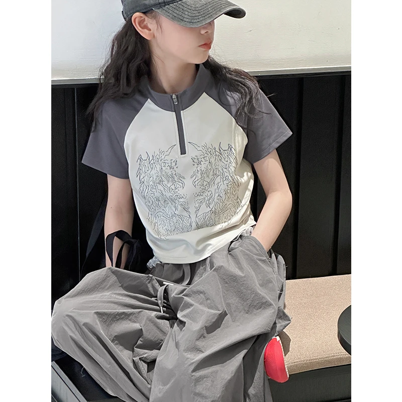 K28494孙小美 短款女童短袖T恤2025新款夏装儿童上衣修身半袖