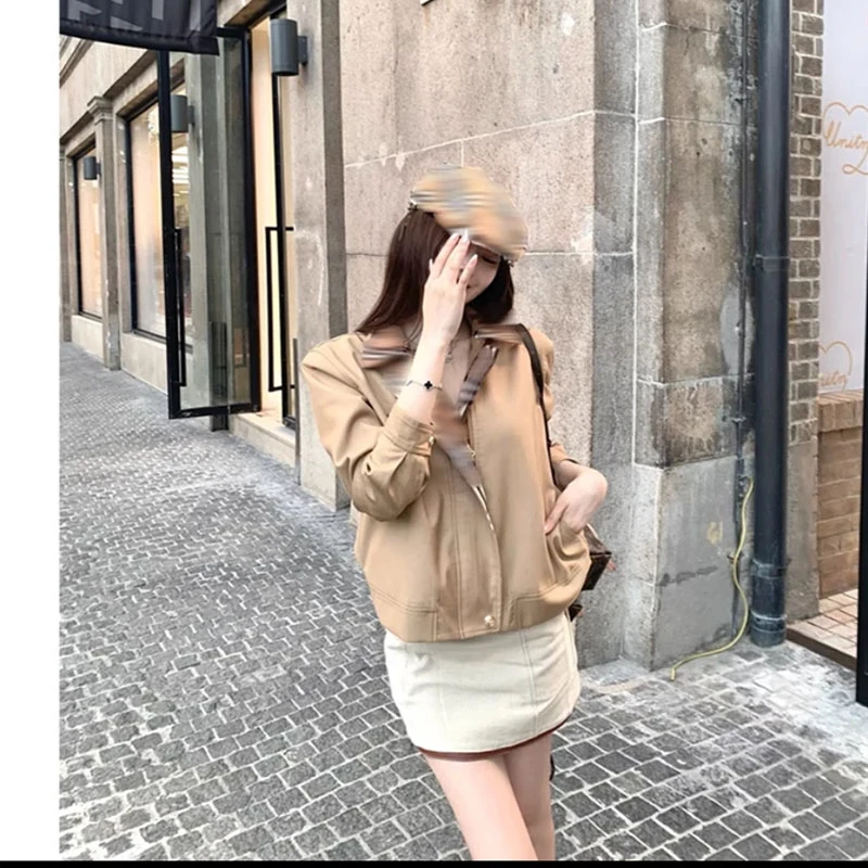 东京日落 港风卡其色夹克风衣女秋季新款短款时尚百搭格子小外套