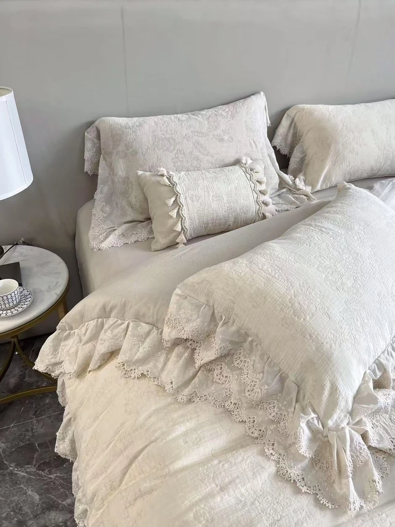 【花锦】法式唯美花边棉麻色织三层纱四件套