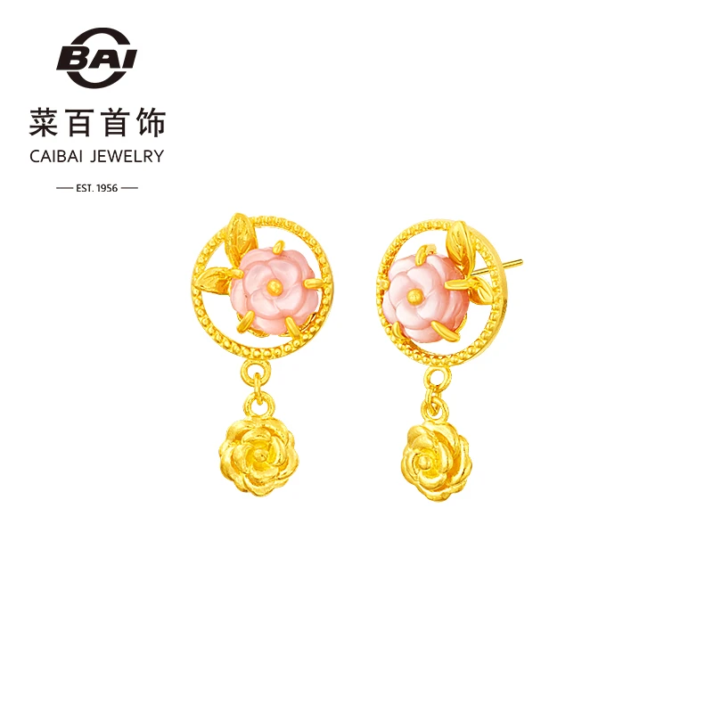 菜百首饰黄金山茶花耳钉女百搭足金镶母贝气质耳坠潮流耳饰