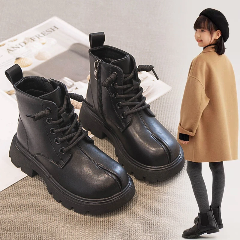 ABC女童靴子儿童马丁靴2025秋冬新款英伦风短靴女孩软底加绒皮靴