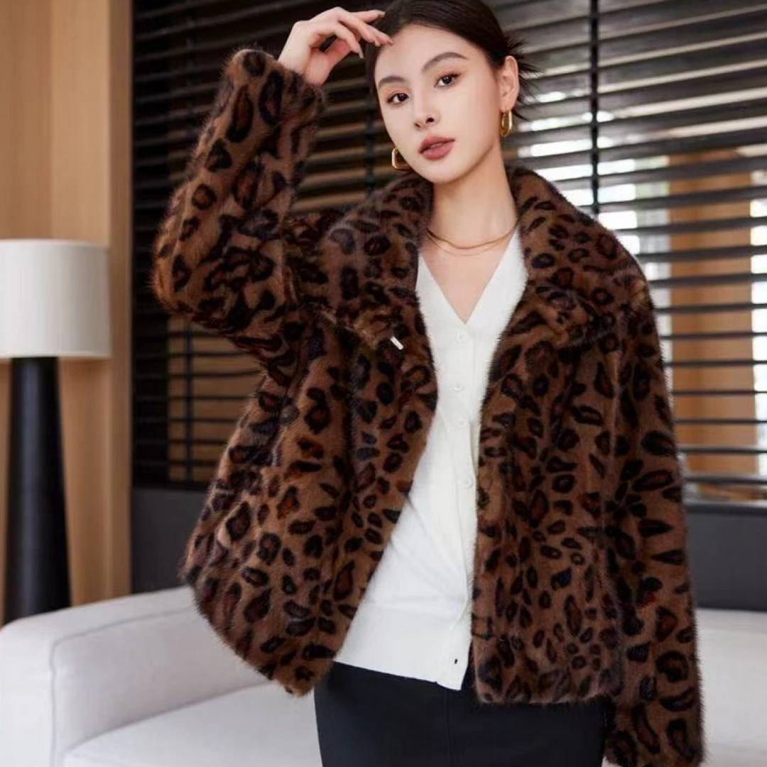 豹纹短款欧貂绒毛毛加厚女士外套秋冬时尚百搭