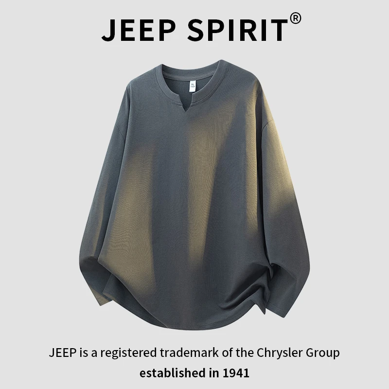 JEEPSPIRIT吉普春秋纯色长袖V领T恤男美式潮流休闲宽松痞帅打底衫