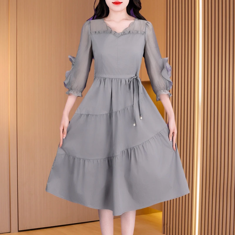 【可蓓儿】方领洋气休闲连衣裙2025春夏纱料气质高级感今年爆款裙子