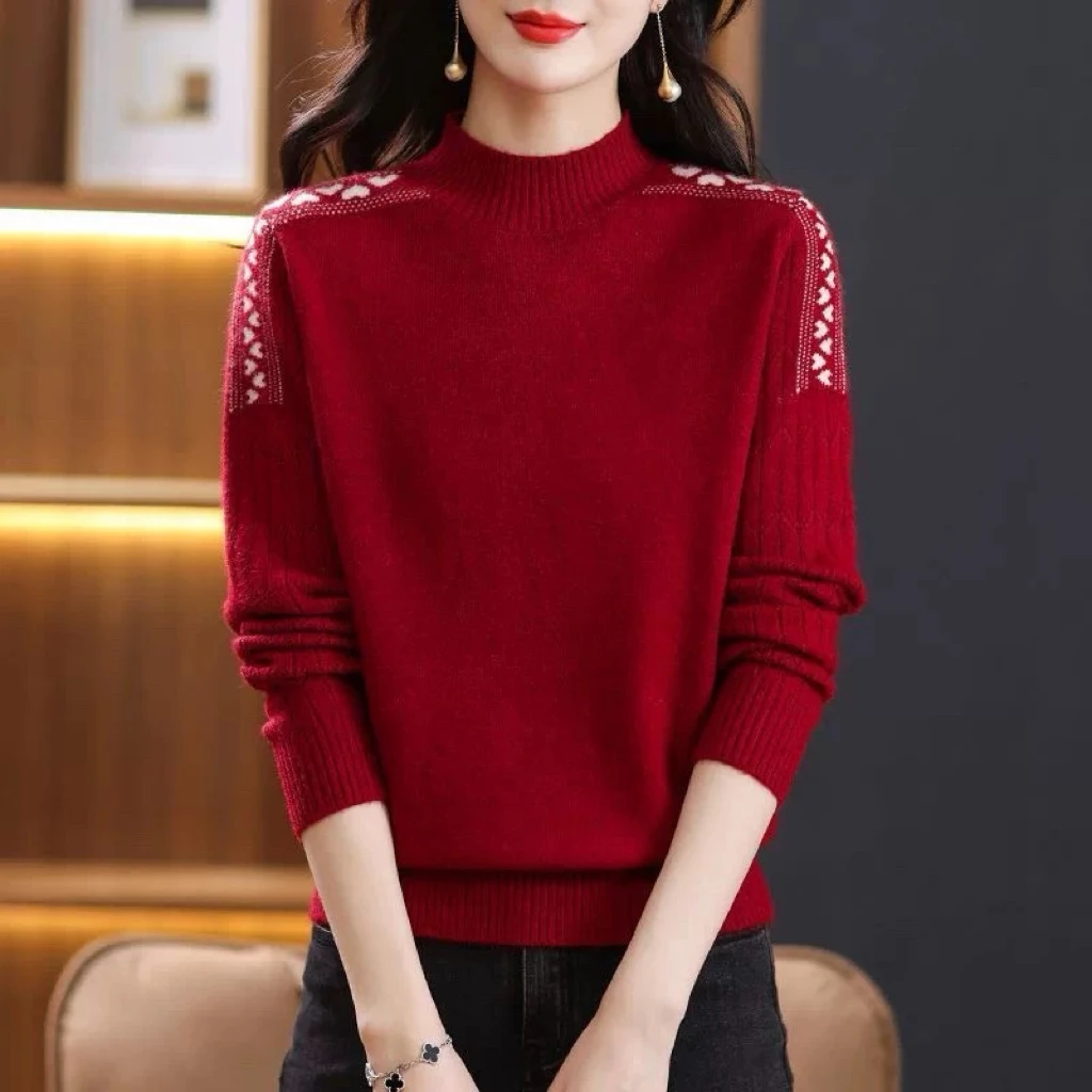 A42女秋冬加厚洋气内搭针织半高领提花打底衫毛衣