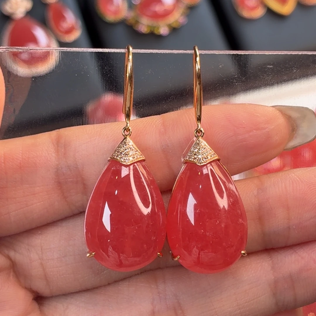菱锰矿（红纹石）18K金镶嵌耳坠