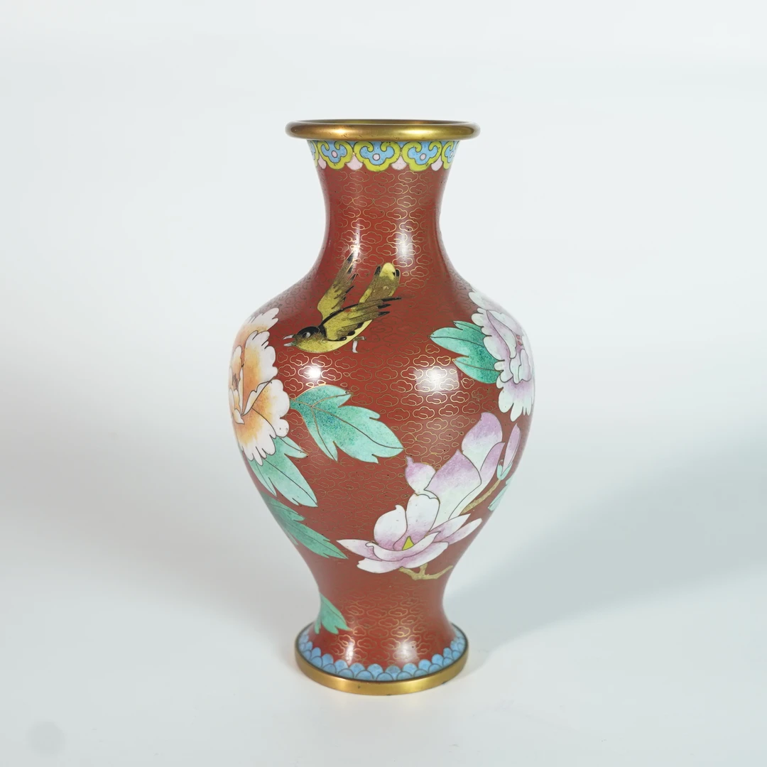LABC250526001【十竹斋】民国晚期解放初期掐丝珐琅花鸟纹赏瓶