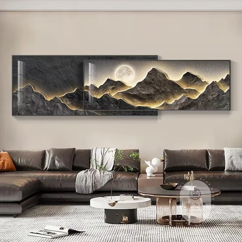 现代北欧轻奢客厅装饰画中式沙发背景墙山水壁画晶瓷镶钻装饰挂画