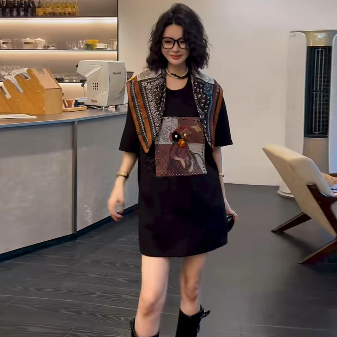 2025早秋新款大码胖MM女装显瘦宽松减龄洋气印花半袖T恤打底衫潮