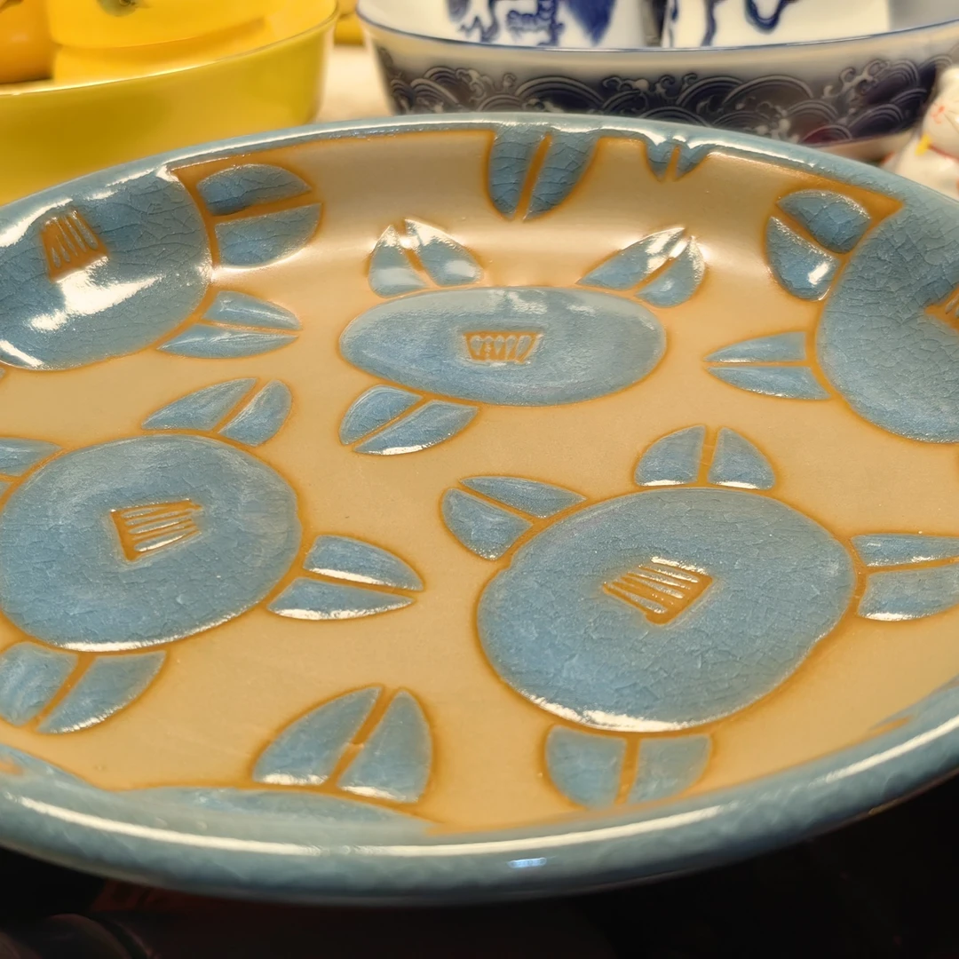 精美日本回流汤盘菜盘水果盘浮雕大盘子手工