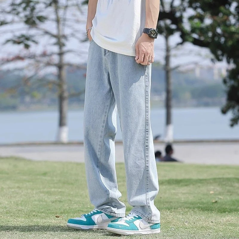 男士薄款牛仔裤夏季新款浅色直筒宽松水洗阔腿百搭显瘦牛仔长裤