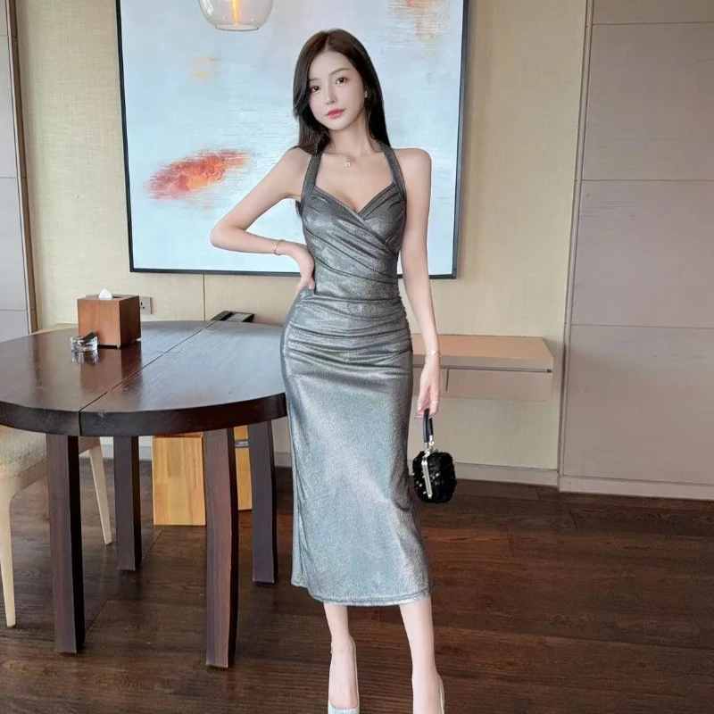 性感V领纯欲辣妹包臀裙夏季时尚气质修身显瘦褶皱短袖长款连衣裙